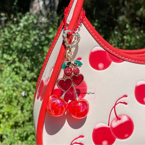Red Cherry Bag Charm FortunateBagFinds Iridescent Glitter Cherries Purse Charm - Picture 4 of 12